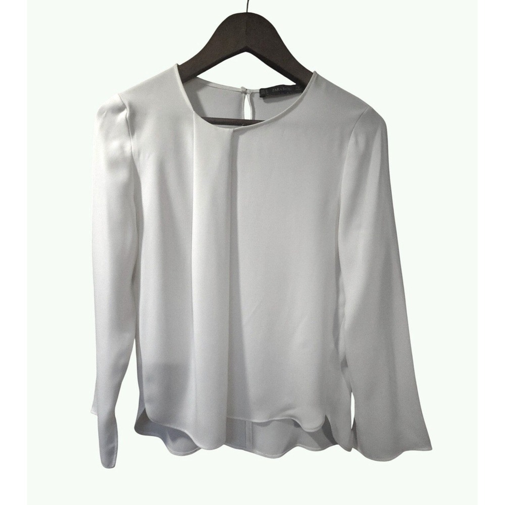 Zara Basic White Pleated Front Scalloped Hem Long Sleeve Blouse Size M